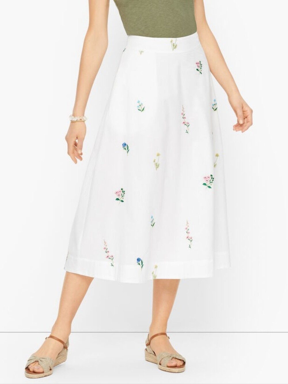 Talbots 100% Cotton White Midi Skirt with Delicate Floral Embroidery Size 10